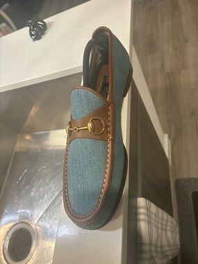 Denim Blue Loafer with Brown Leather Trim and Gold Horsebit